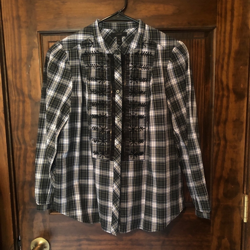 J. Crew Plaid Embellished Top